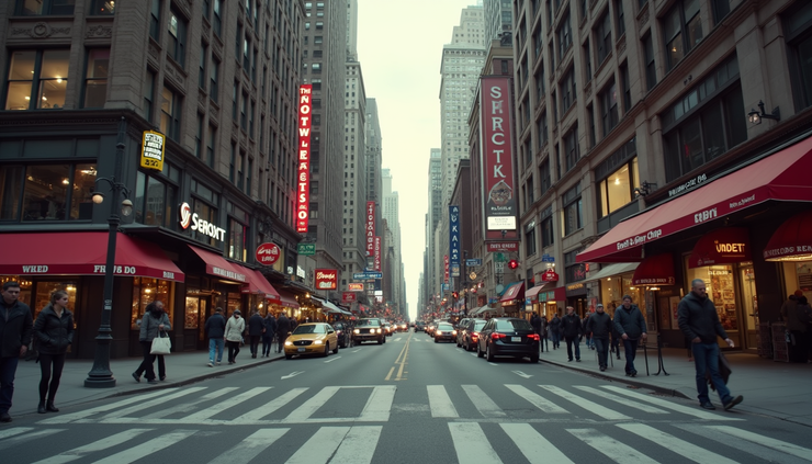 Eye-level view of a busy NYC street with local shops and customers walking by