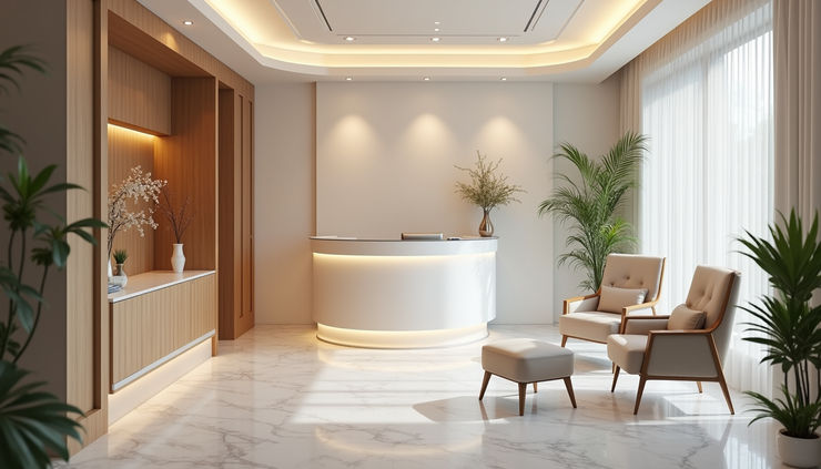 Eye-level view of a modern plastic surgery clinic reception area with calming decor