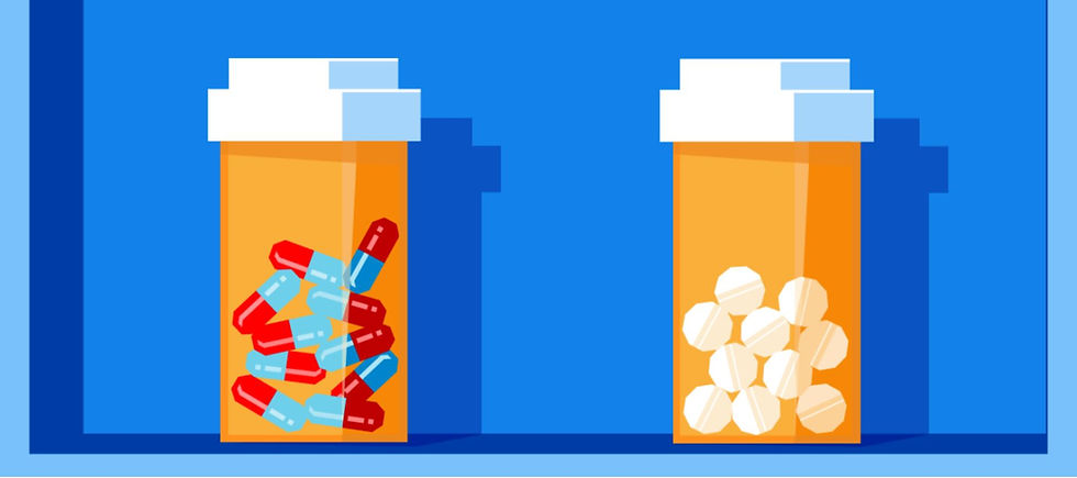 Two pill bottles: generic vs. brand-name drugs.