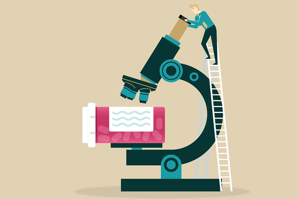 Illustration of small person looking through a greater than life size telescope at the label on a prescription drug bottle.