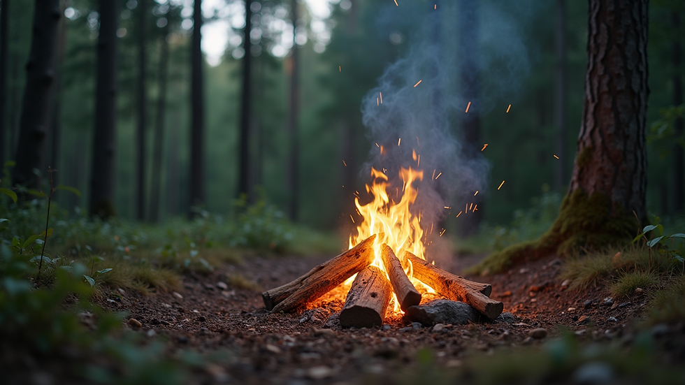 Eye-level view of a campfire surrounded by nature in a forest clearing