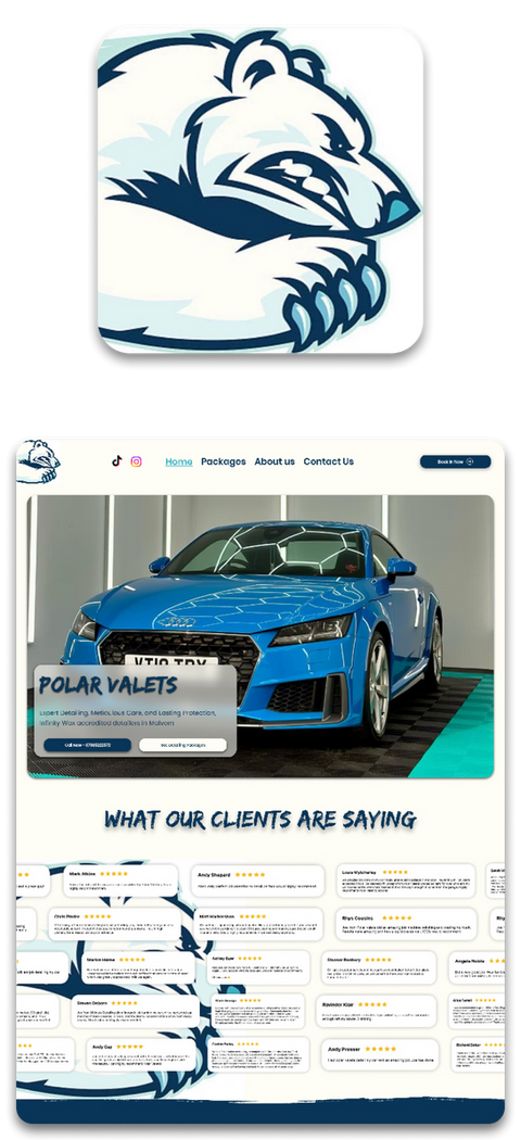 Polar Valets website: blue car, client reviews, polar bear logo