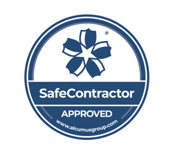 SafeContractor Approved badge, featuring a flower design and website address.