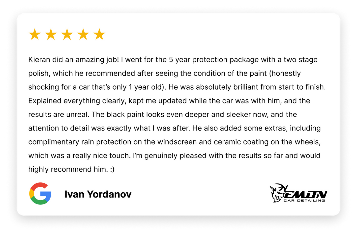 Ivan Yordanov: 5-star review for Kieran's car detailing.