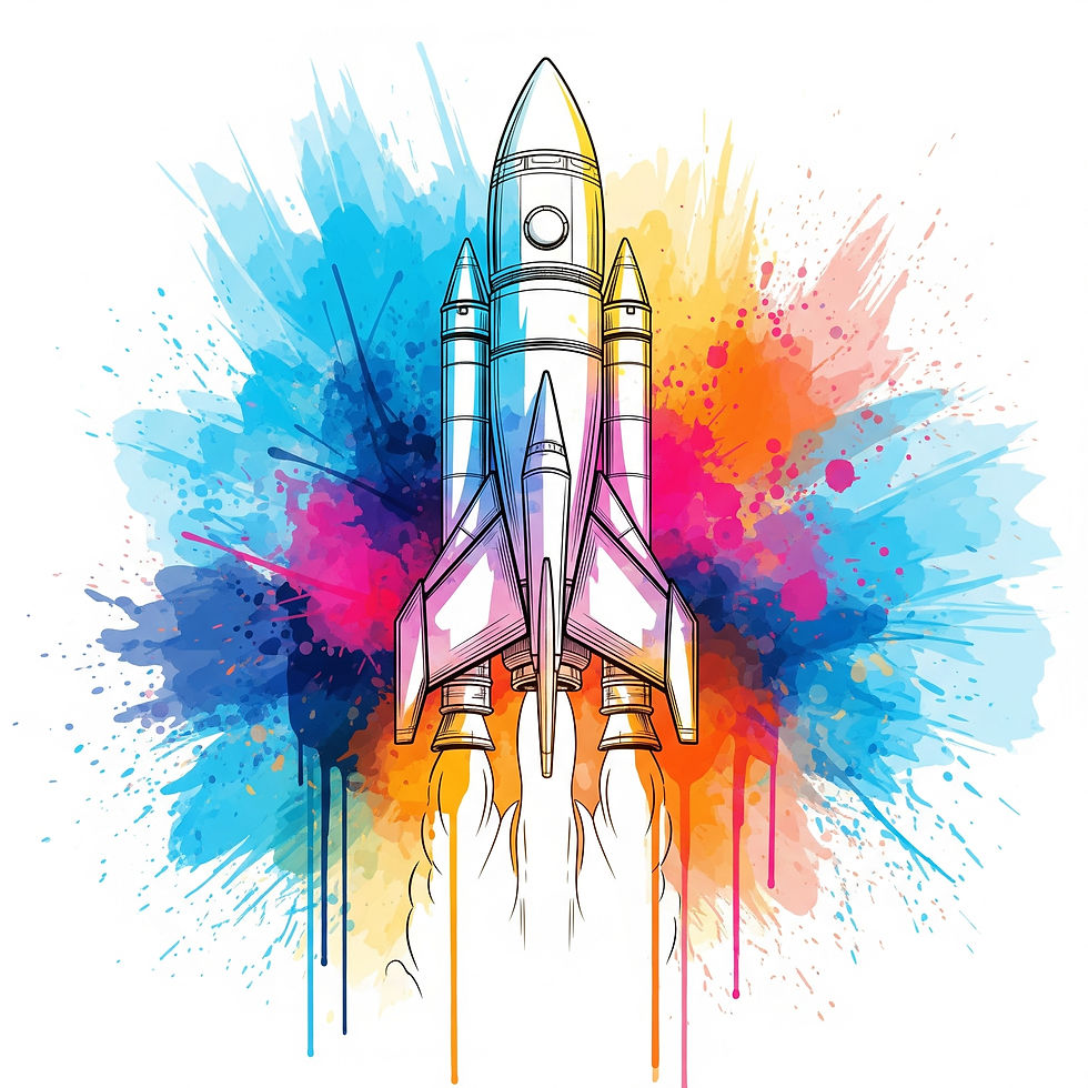 Illustration of a rocket launching with colorful paint splashes in the background, creating a dynamic and vibrant scene.