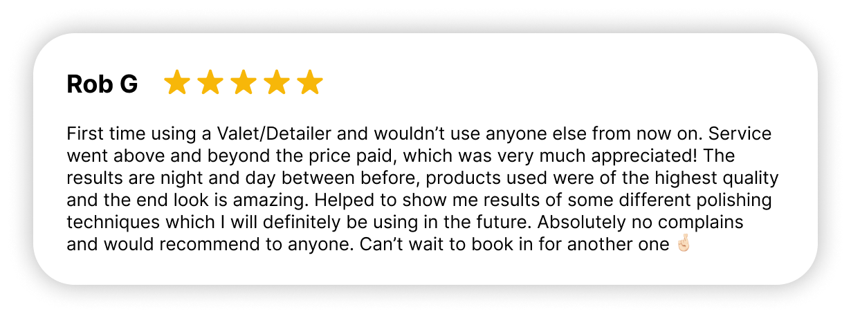 5-star review from Rob G praising exceptional service, high-quality products, and night-and-day results at Polar Valets.