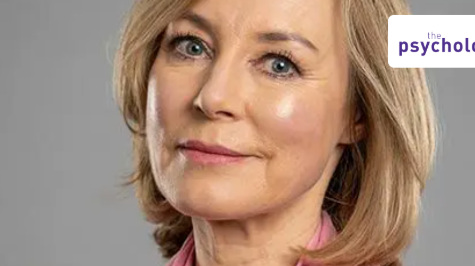 Sian Williams with short blonde hair and pink shirt smiles softly, set against a gray background. "The Psychologist" text appears at the top.
