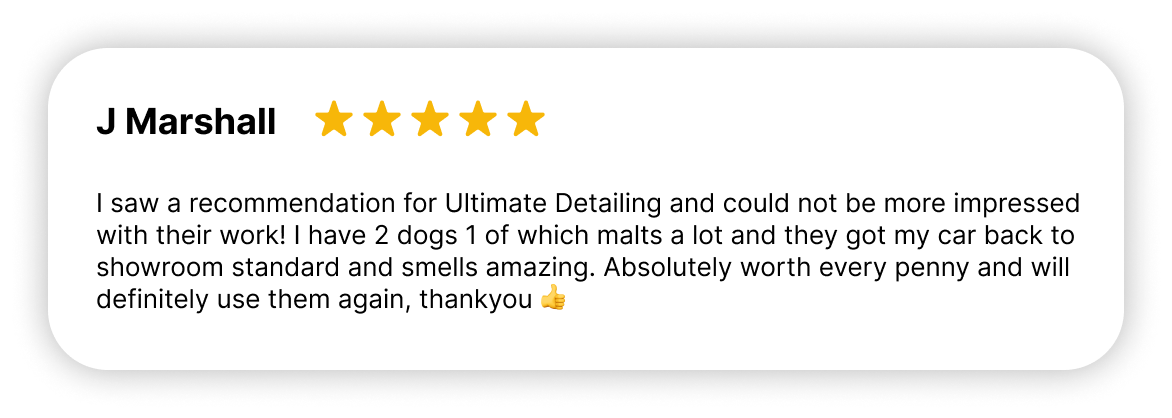 "5-star review from J Marshall, praising showrrom standards at Polar Valets studio."