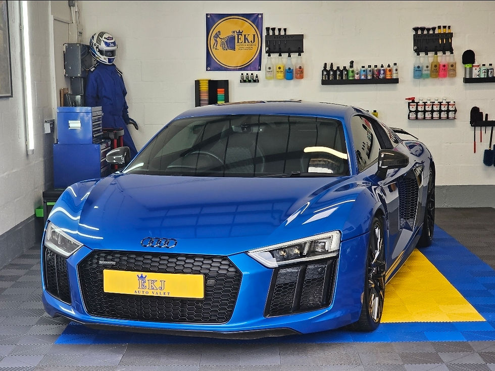 Blue Audi R8 undergoing professional detailing