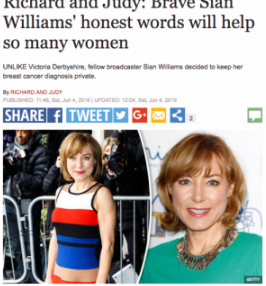 Sian Williams in striped dress smiling at event, then in a teal top. Headline about her breast cancer experience, multiple sharing icons.