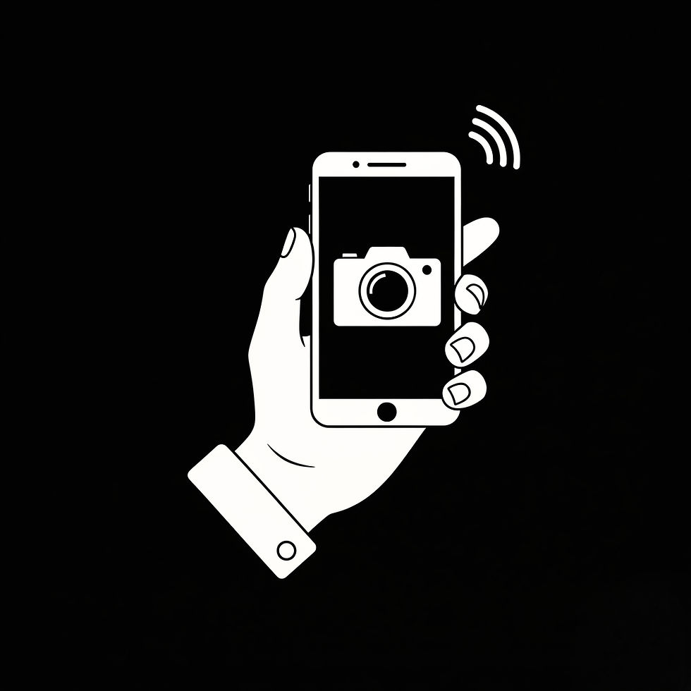Hand holding phone, camera app open, wireless signal
