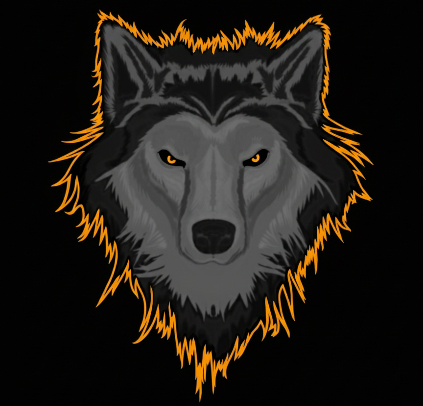 Grey wolf with yellow eyes and orange flames, against black background.