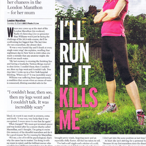 Sian Williams in pink shirt stands confidently in a garden. Bold text reads "I'LL RUN IF IT KILLS ME." Magazine article about marathon.