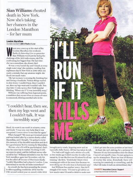 Sian Williams in pink shirt stands confidently in a garden. Bold text reads "I'LL RUN IF IT KILLS ME." Magazine article about marathon.