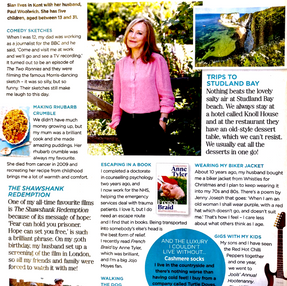 Sian Williams in a pink blouse outdoors, smiling. Text highlights personal joys like comedy sketches, reading, and trips. Image of Studland Bay and a guitar.