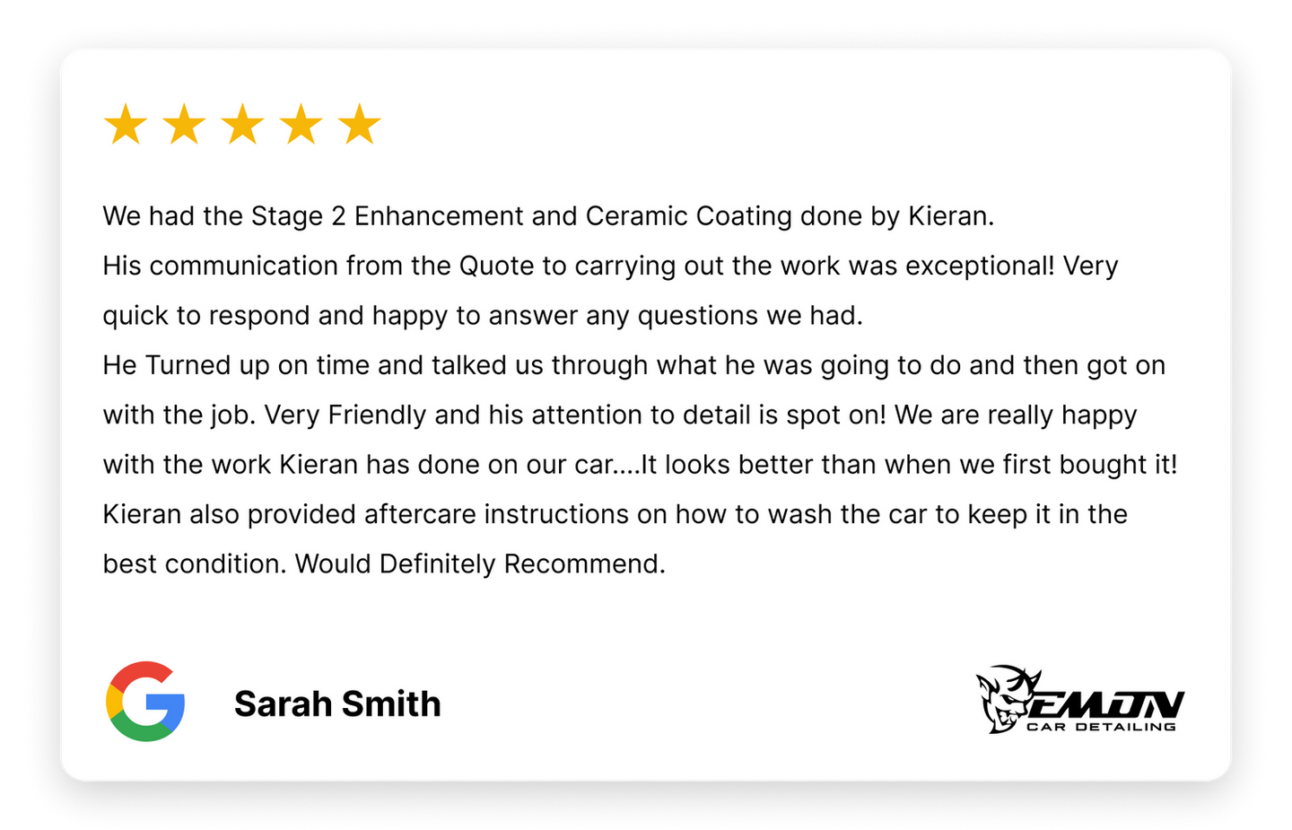 Customer review: 5 stars for Kieran's ceramic coating, Sarah Smith