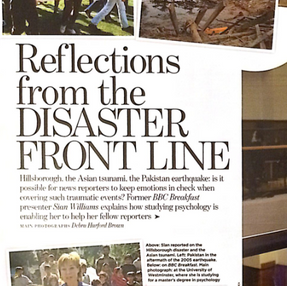 Magazine page titled "Reflections from the Disaster Front Line" with images of reporters at disaster sites. Text discusses handling trauma in journalism.