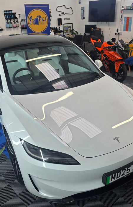 White Tesla Model Y at EKJ Valeting