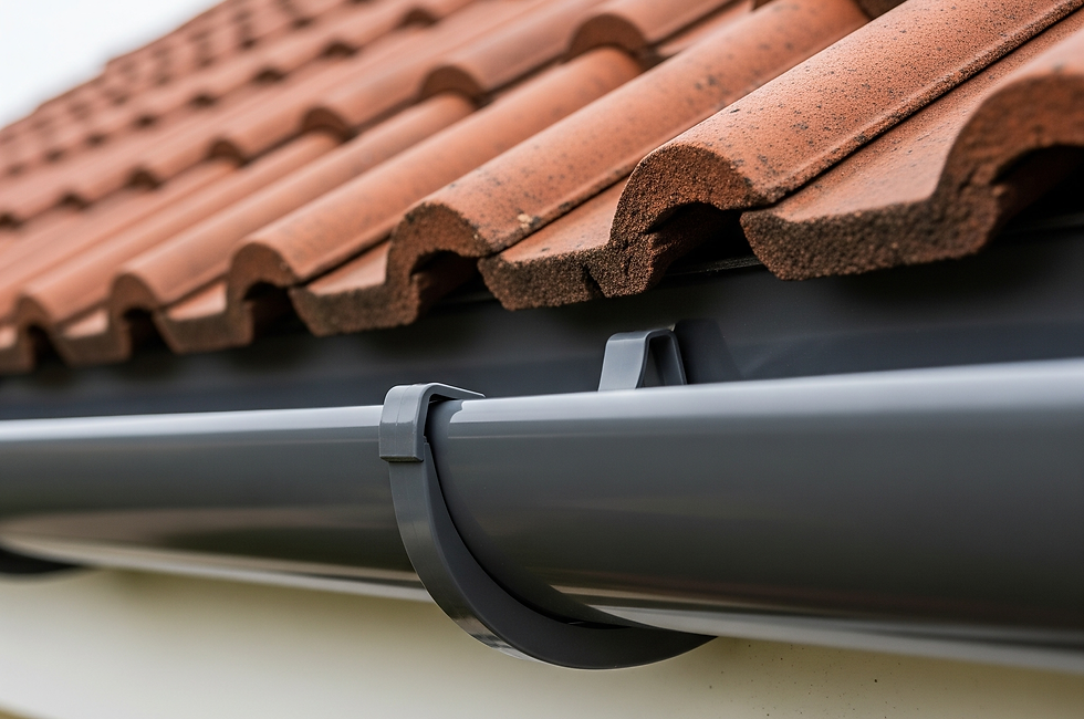 Dark gray gutter and terracotta roof tiles