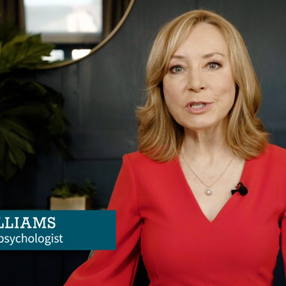 Sian Williams in a red dress speaks indoors with plants and a blue wall. Text reads: "Dr. Sian Williams, Journalist and NHS psychologist." Mood is calm.