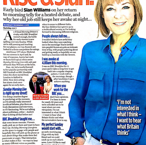 TV magazine page featuring Sian Williams in a blue shirt, smiling. Text discusses her return to TV and work philosophy. Bold title: "Rise & Sian!".
