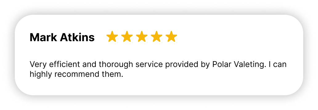 "5-star review from Mark Atkins recommending the efficient and thorough service at Polar Valets."