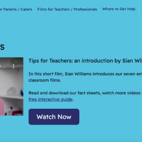 Website shows a light blue background with a video thumbnail of Sian Williams in a pink top. Text reads "Watch our Films" and "Watch Now" button.
