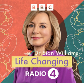 Sian Williams in purple appears on a split teal and orange background with hourglass patterns. Text: BBC, Dr Sian Williams, Life Changing, Radio 4.
