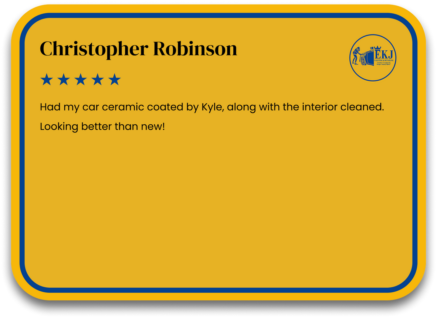 Christopher Robinson's 5-star review: Ceramic coating and interior cleaning by Kyle