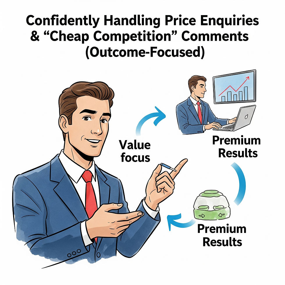 Man in blue suit points at text discussing handling price inquiries, value focus, and premium results; laptop and chart in background.
