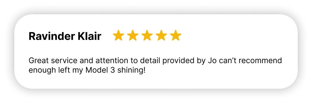 "5-star review from Ravinder Klair praising great service and attention to detail on a Model 3 at Polar Valets."