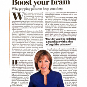 Magazine article titled "Boost your brain" discusses cognitive enhancement pills, featuring a smiling woman in a blue top. Text and columns visible.