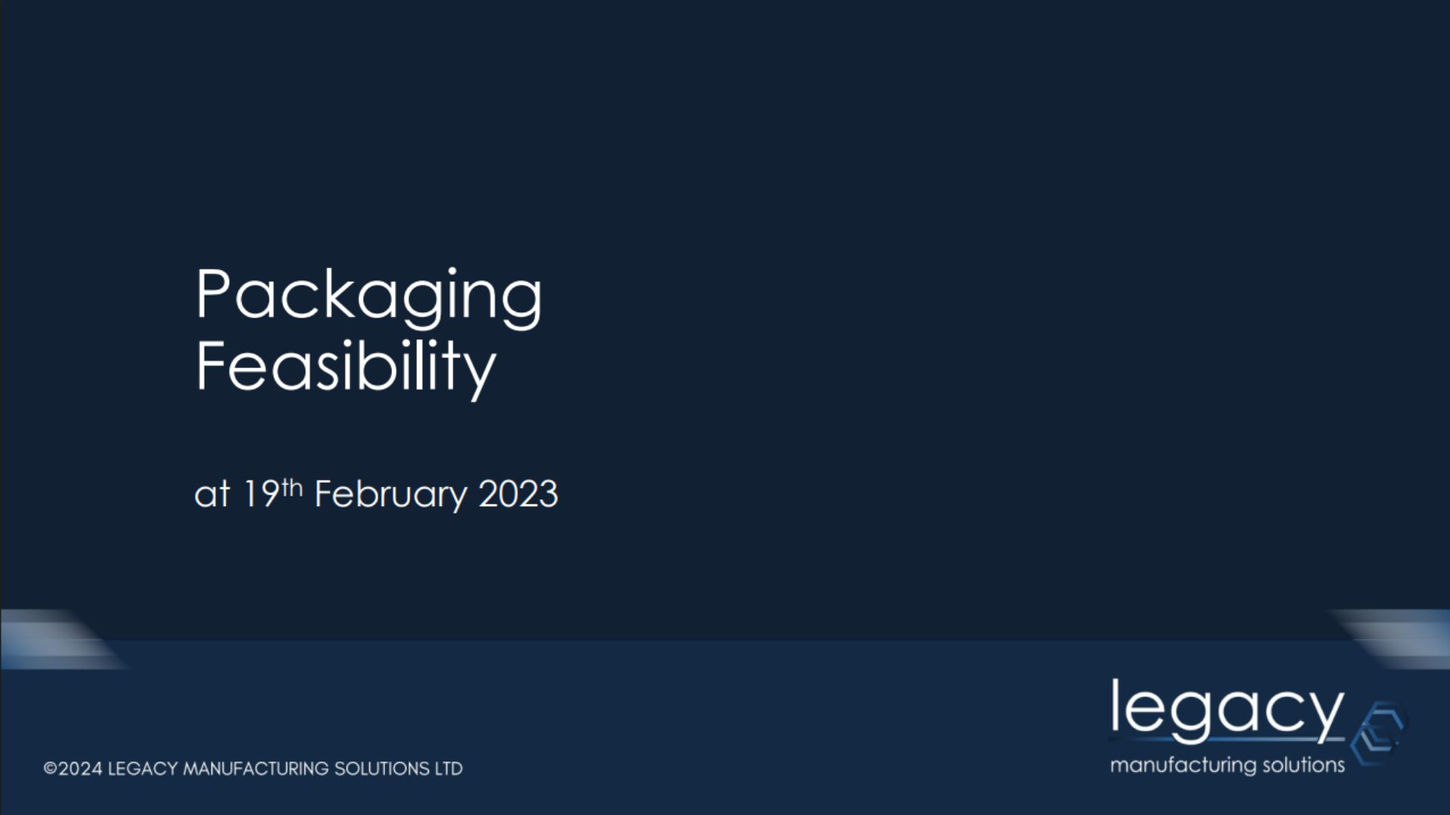 Packaging feasibility study introduction slide dated February 19th 2023.