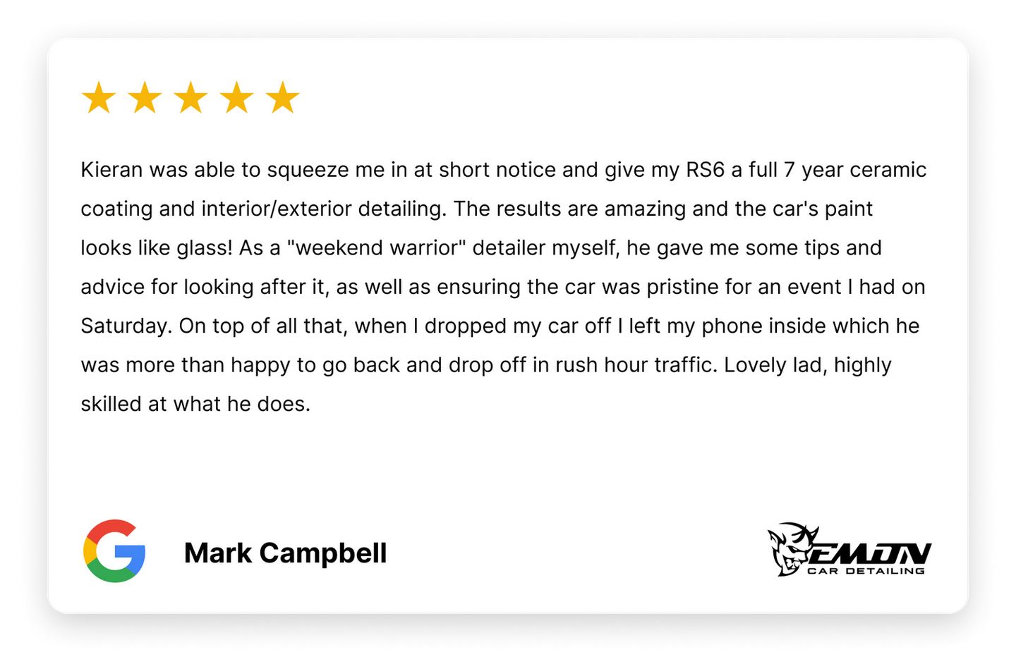Mark Campbell's positive review for car detailing