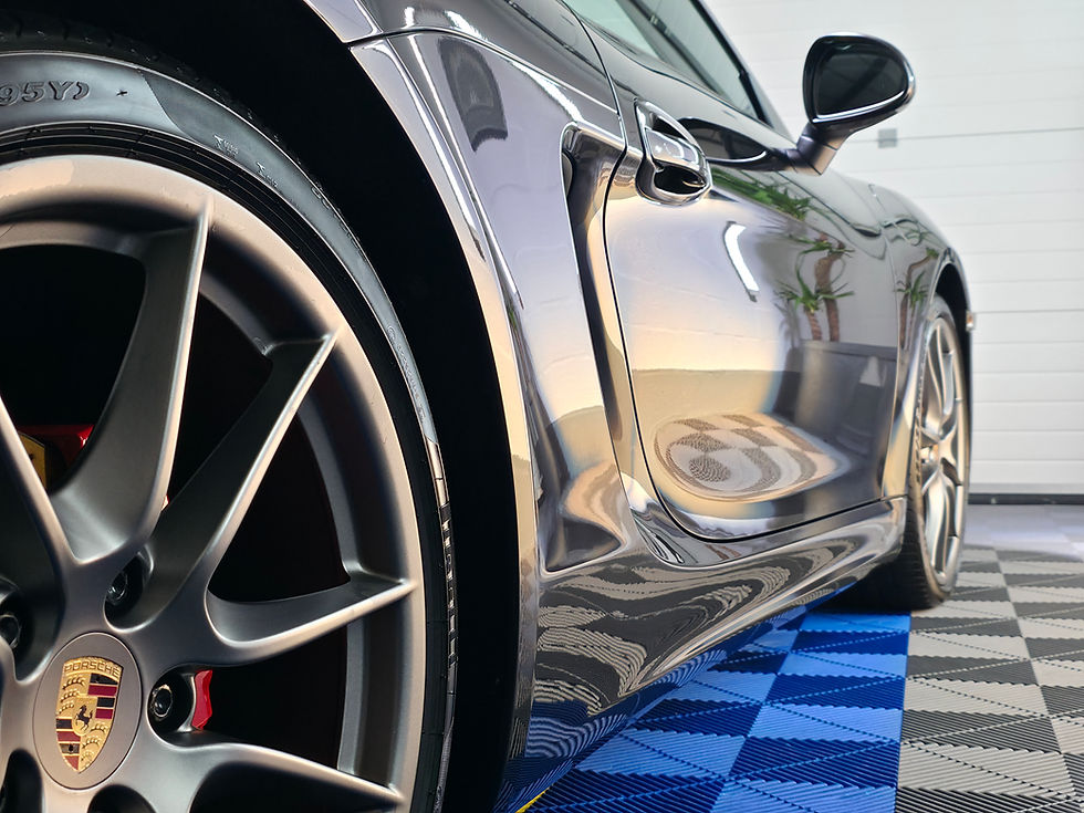 Porsche side profile, gleaming after professional detailing by EKJ Valeting