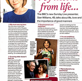 Sian Williams discusses life lessons, family, and good manners. Includes her portrait, article excerpts, and smaller images of family.