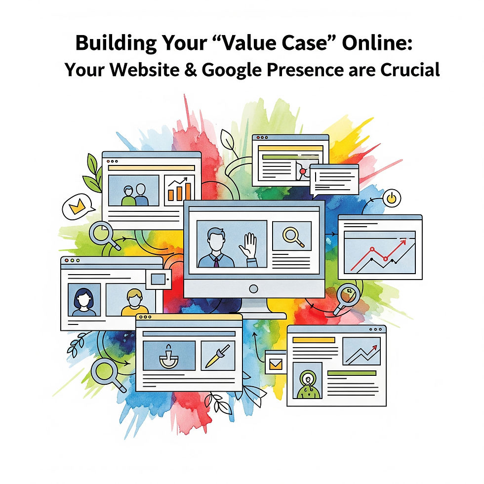 Web elements on screens over colorful splash. Text: Building Your "Value Case" Online: Your Website & Google Presence are Crucial.