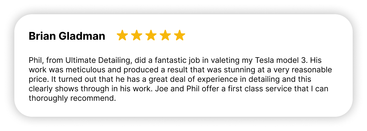 5-star review from Brian Gladman praising meticulous detailing and stunning results on a Tesla at Polar Valets studio.