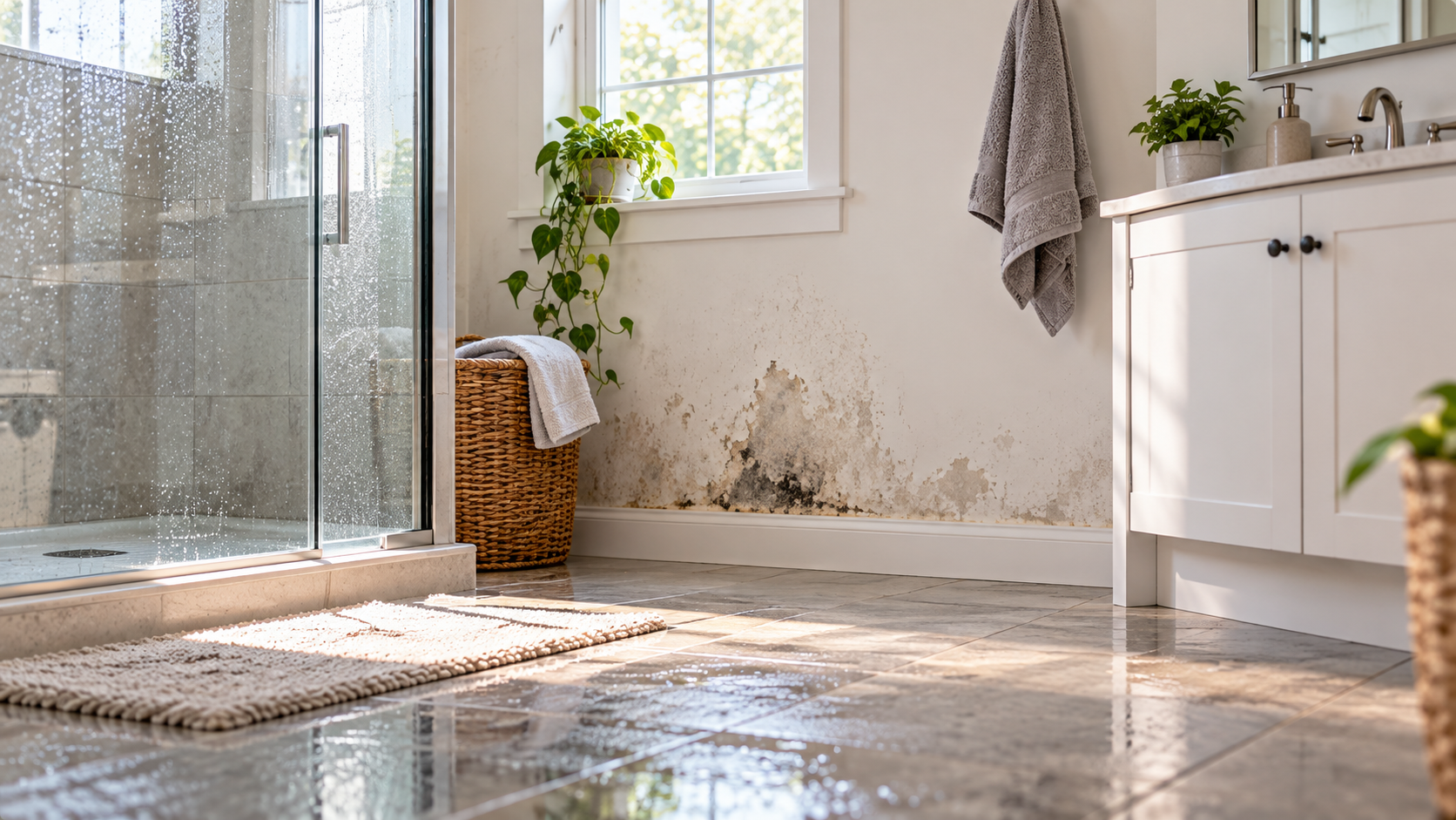 A residential bathroom wall showing moisture damage