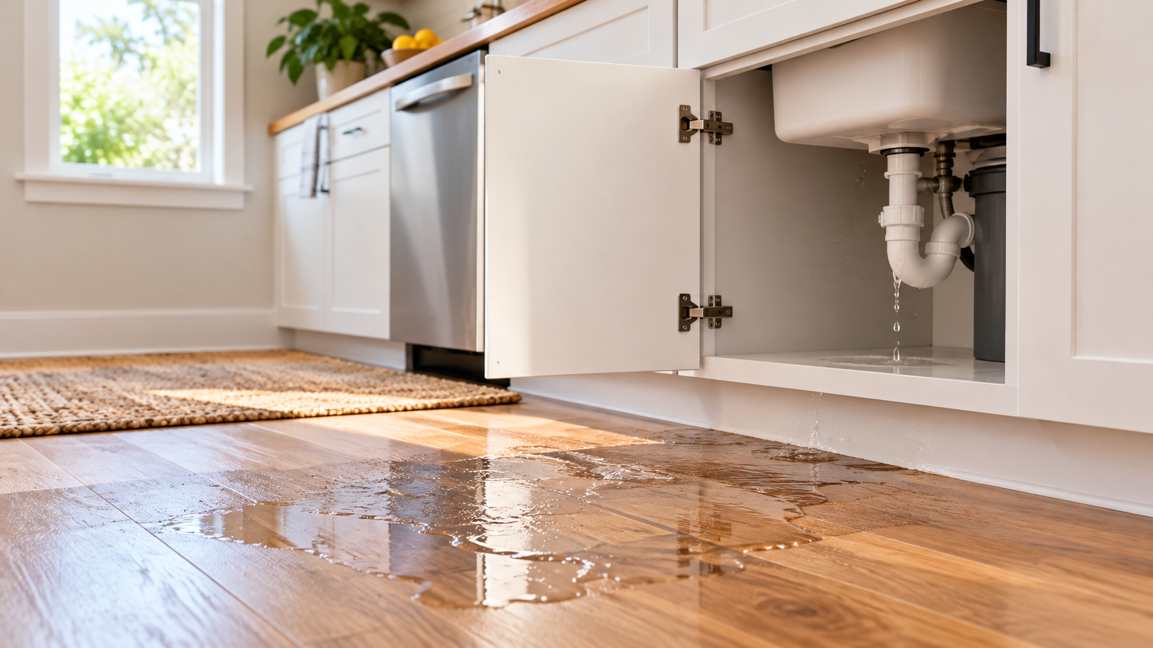 A leaking household sink and water on a residential floor