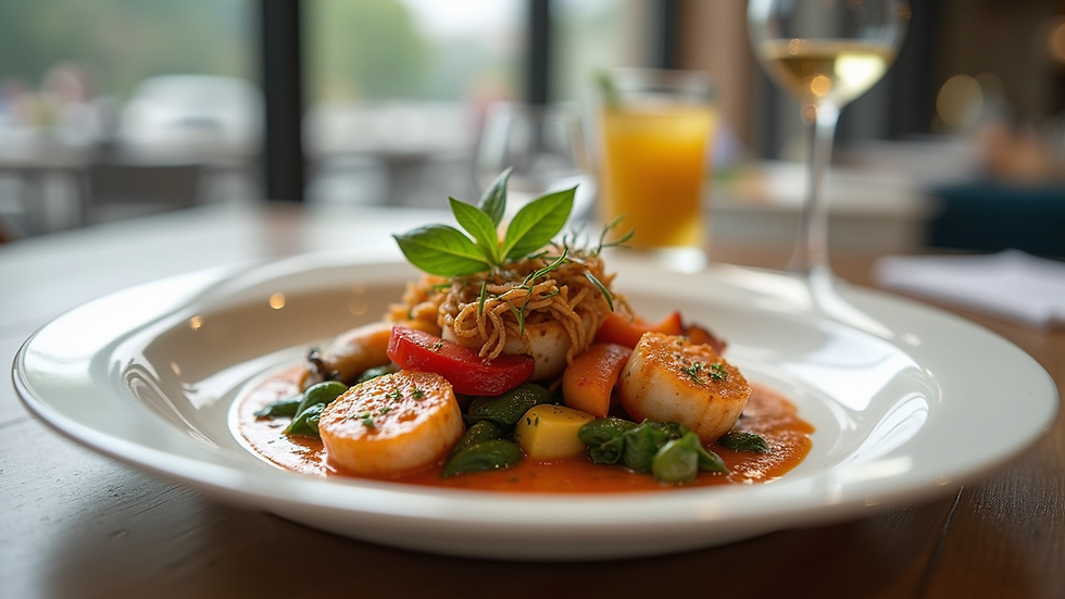 Close-up view of a beautifully plated seafood dish at Aegean Breeze Restaurant