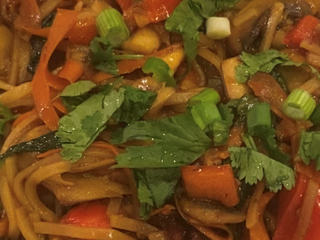 Sesame Thai Rice Noodles with Kale & Red Peppers.-- From Heartbeat Kitchen