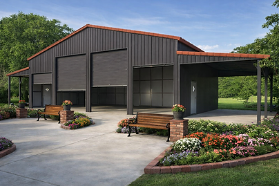 Steel building amidst vibrant garden scenery.png