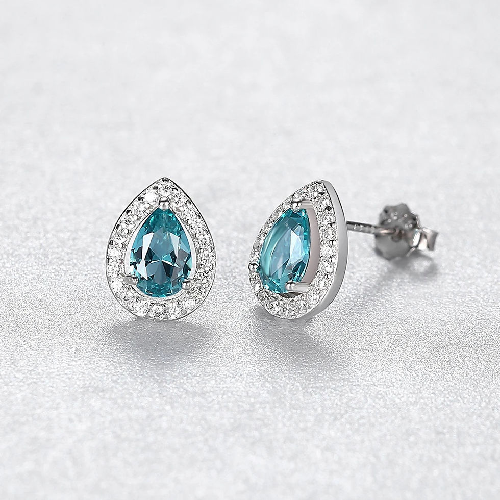 Thumbnail: Sterling Silver Real 925 Pear Drop Aquamarine Blue Cubic Zirconia Studs