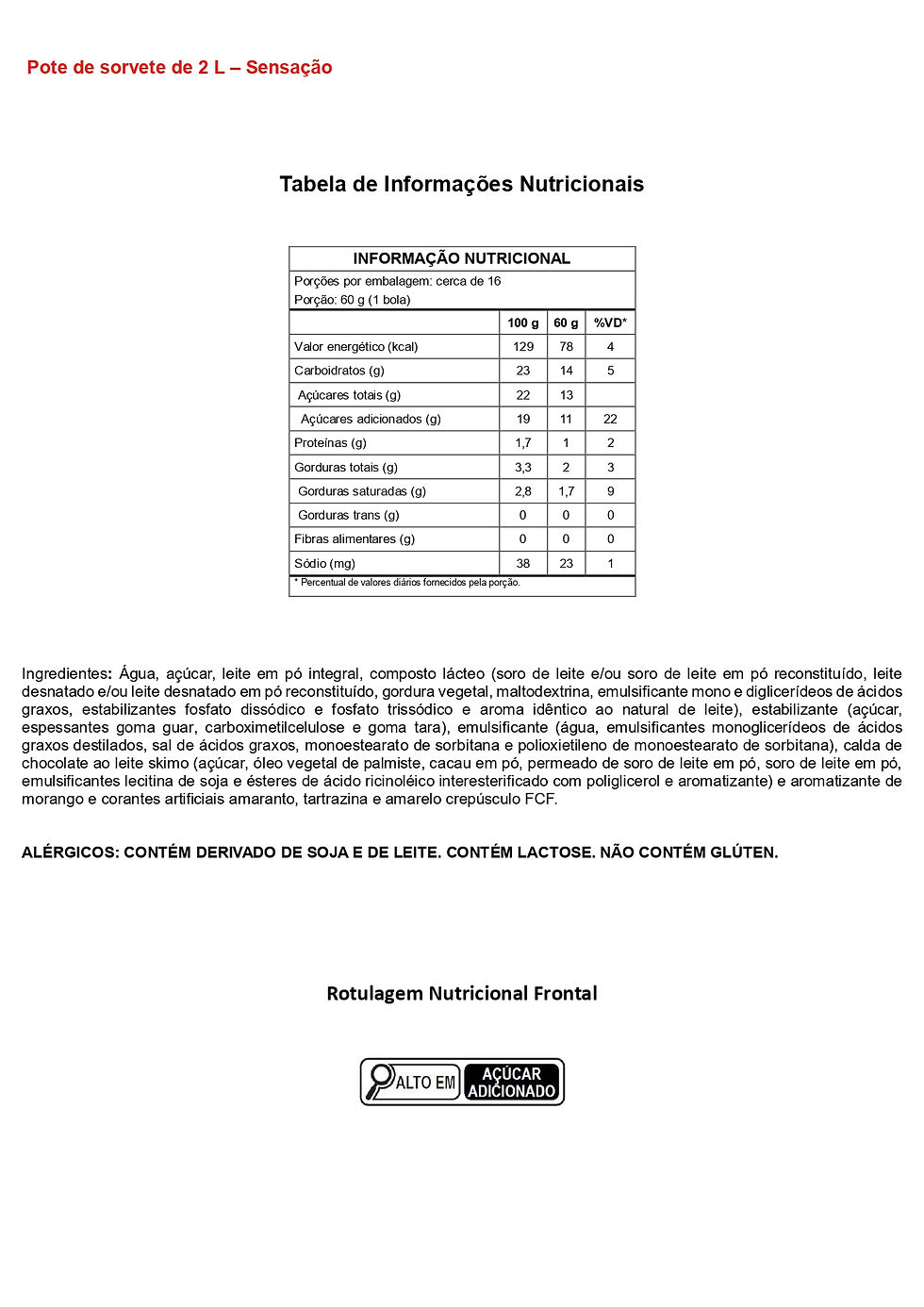 Iinformações Nutricionais - Pote de sorvete 2L sensação
