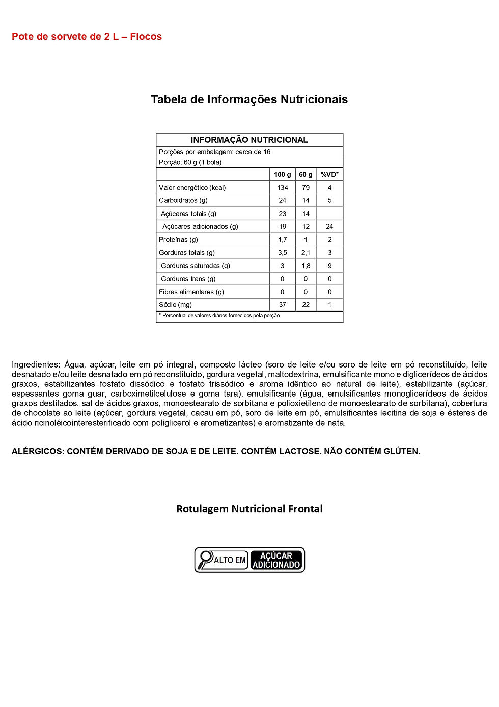 Informações Nutricionais - Pote de sorvete 2L flocos