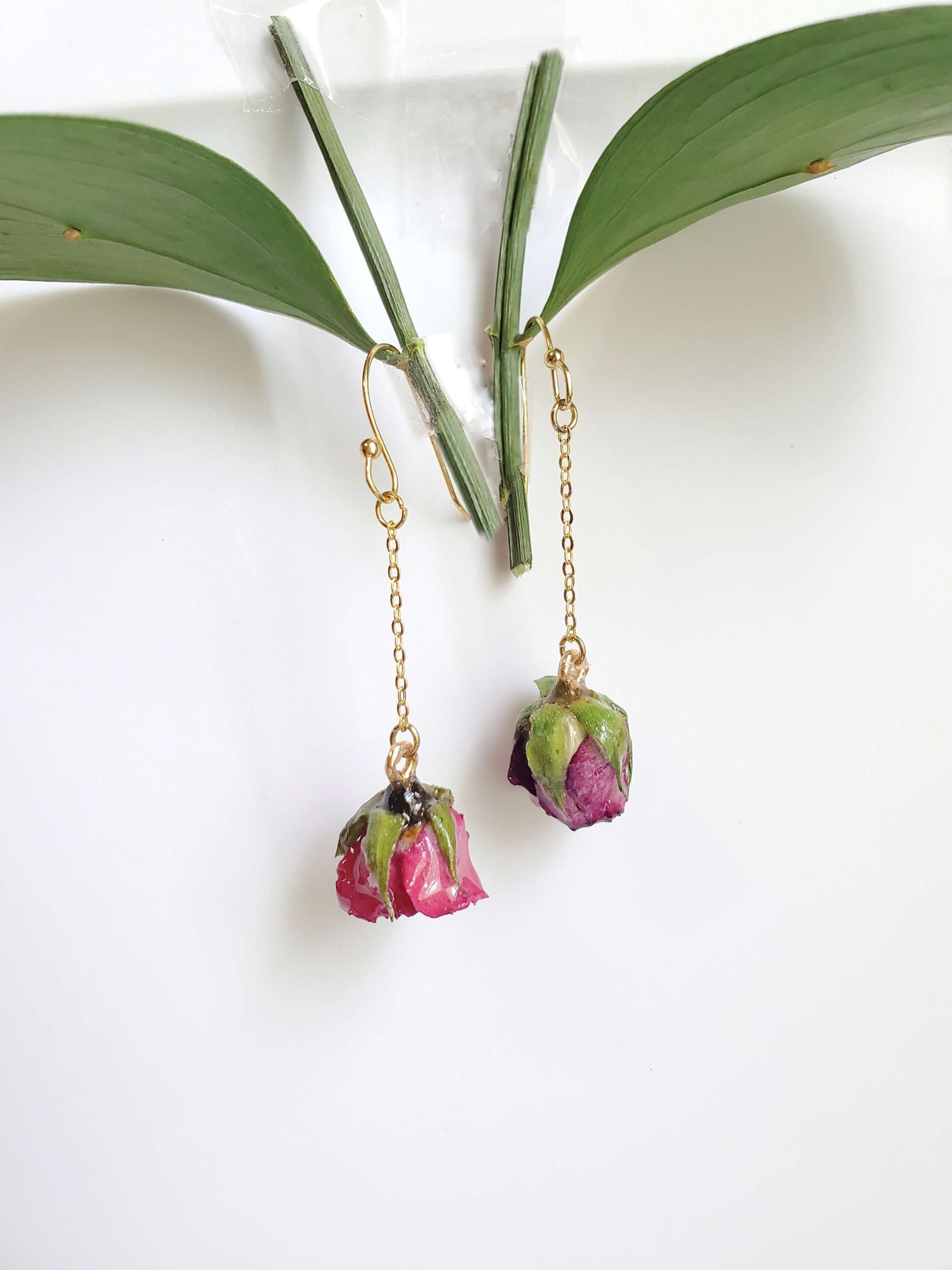 Dangly Rose Earrings- Pink + Purple