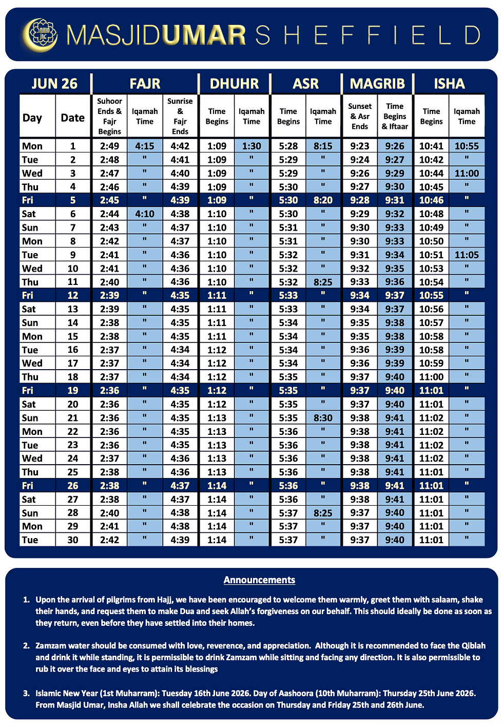 Prayer Timetable June 2026