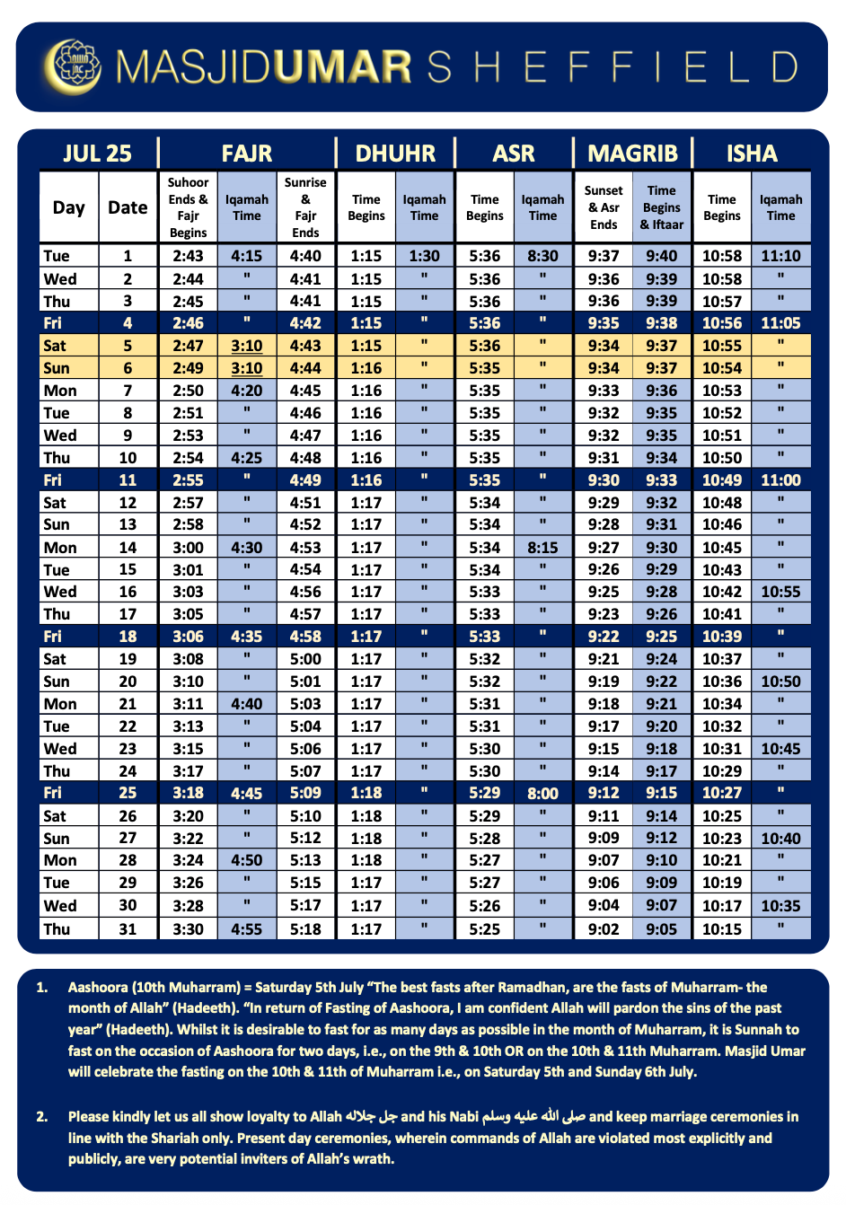 Prayer Timetable July 2025