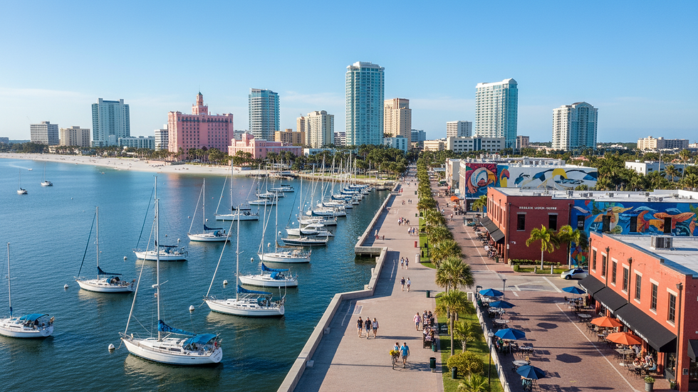 Wide angle view of Vinoy Park waterfront with boats docked and city skyline in the background